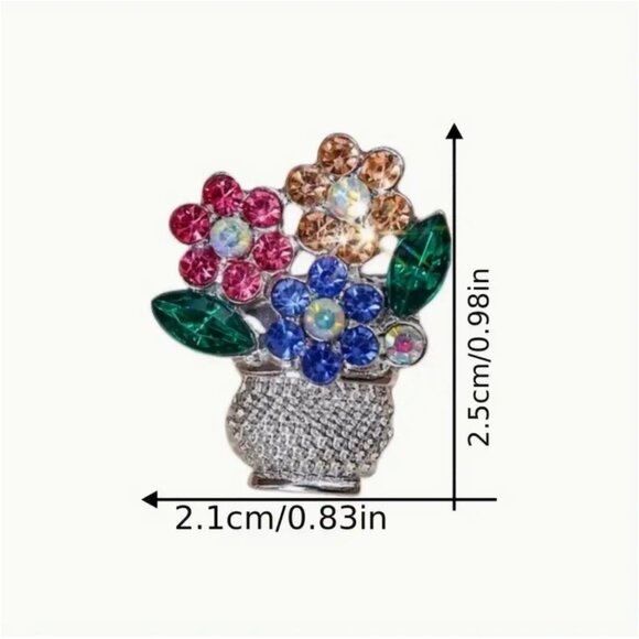 Small Silver Tone Brooch Basket of Crystal Flowers - Picture 2 of 2